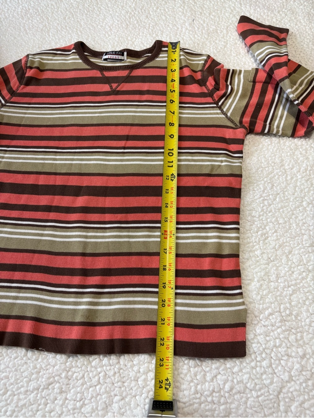 Vintage Lesley Fay Sport Horizontal Earthy Colors Striped Ribbed Knit Top Size M - Picture 3 of 8